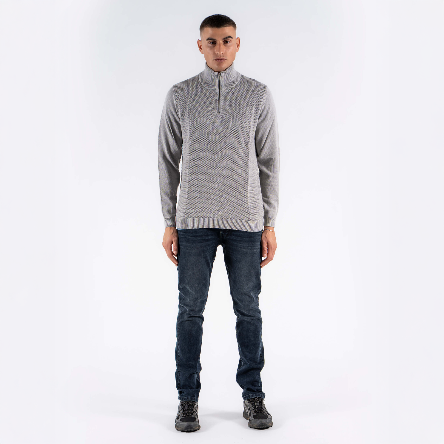 Marcus Hubble Half Zip Herre Striktrøje - Lt.grey mix