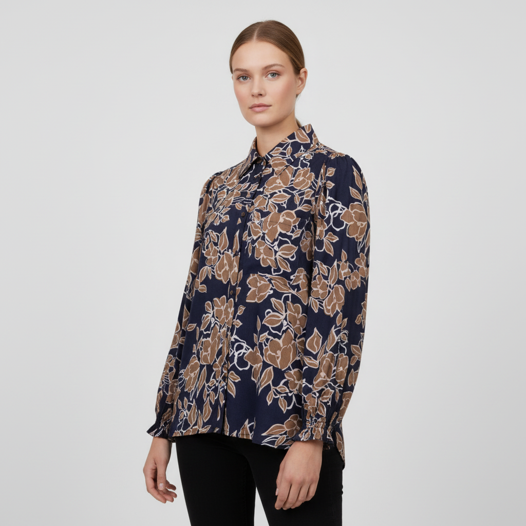 ChaCha Dame Skjorte - Blue/Beige AOP