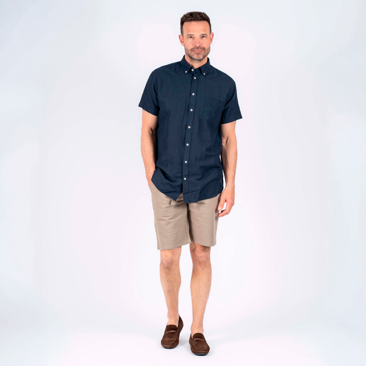 Pre End Frey Herre Kortærmet skjorte i hørmix - Naval Blue