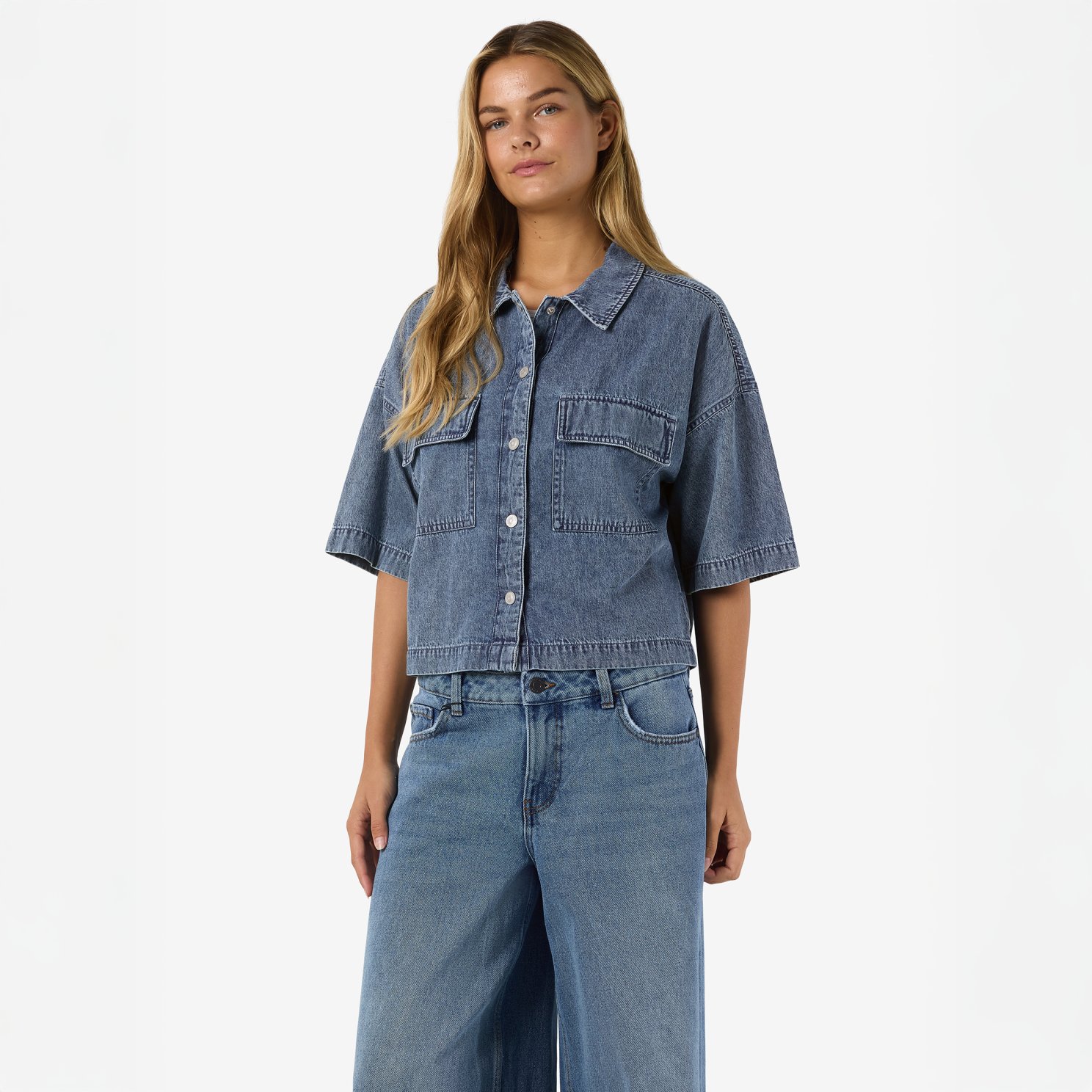 Noisy May Enza Dame Denimskjorte - Medium Blue Denim
